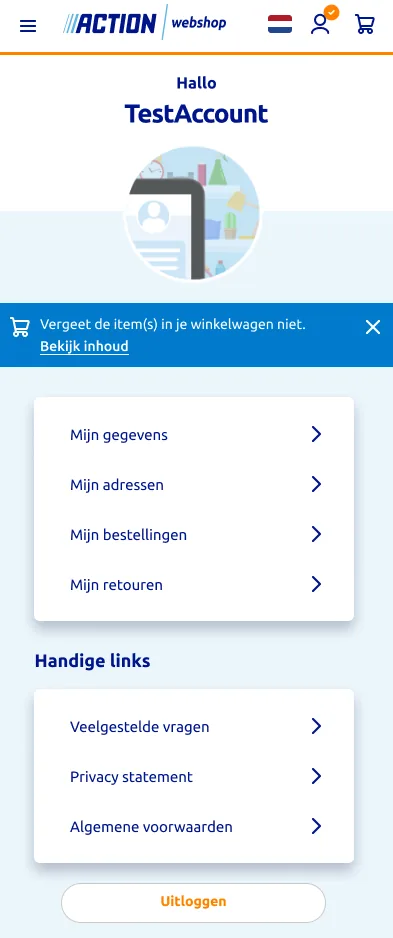 Bericht in de Mijn Action-omgeving over achtergelaten items in de winkelwagen