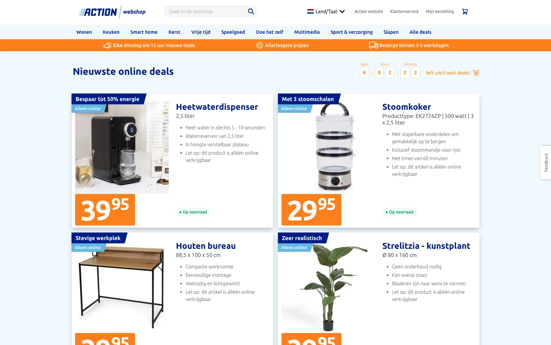 Productlijstpagina met een afteltimer voor de wekelijkse online deals