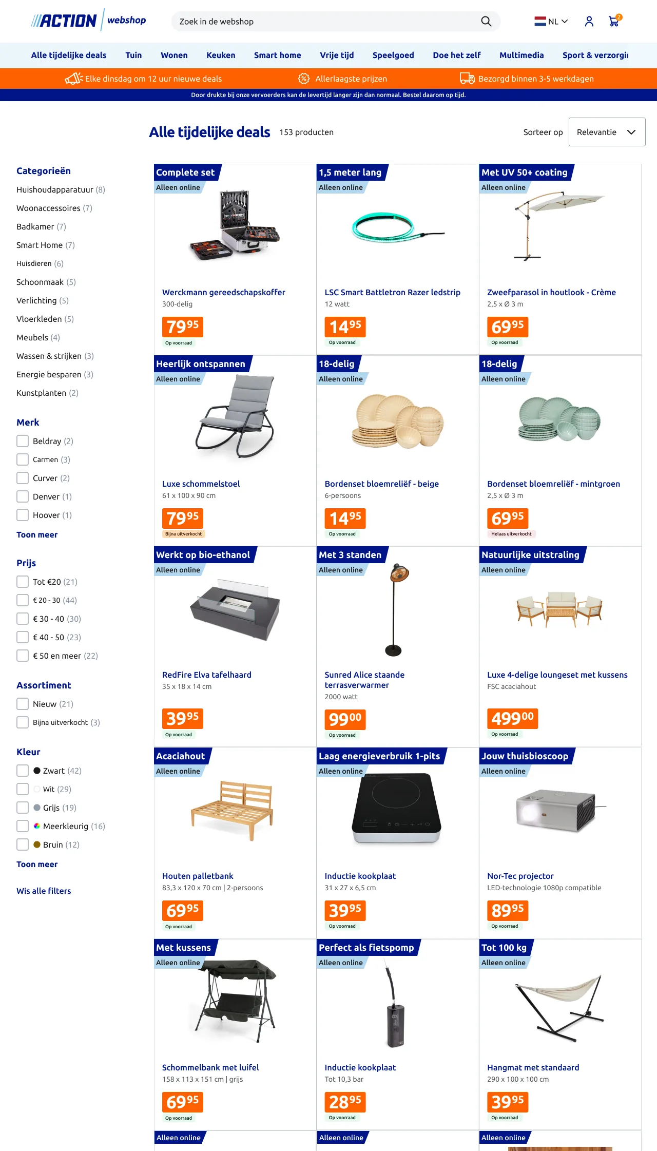 Productlijstpagina met categorie- en filteropties in de zijbalk
