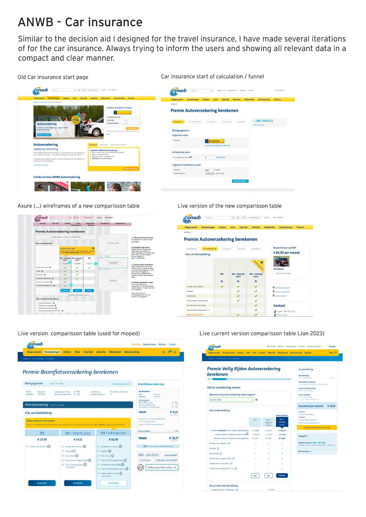Evolutie van de vergelijkingstabel voor autoverzekeringen, van wireframe tot live versie (jan 2023)