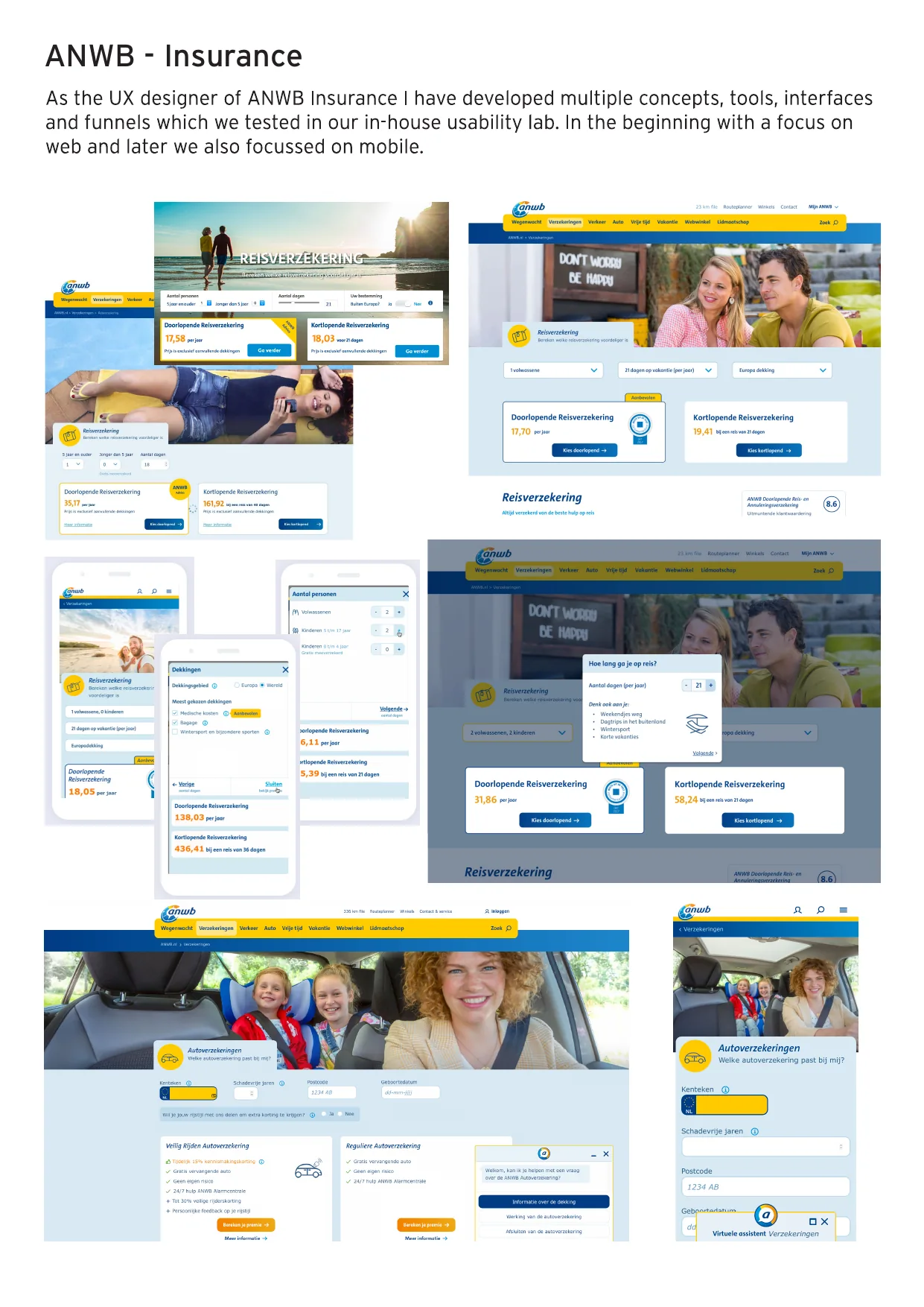 Overzicht van ontwikkelde concepten, tools en funnels voor reis- en autoverzekeringen, getest in het usability lab