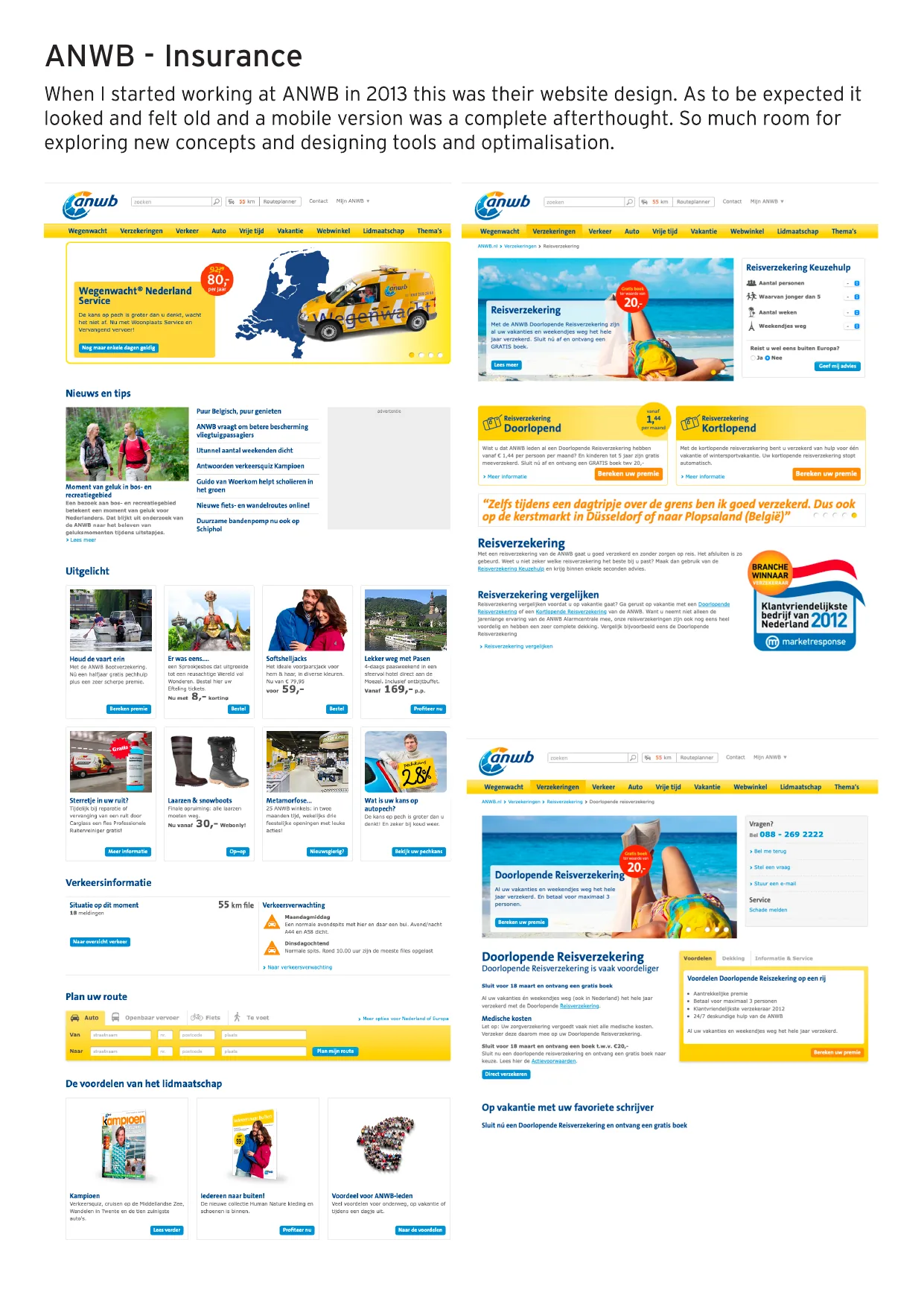 Screenshot van de oude ANWB-verzekeringswebsite uit 2013, bij aanvang van mijn periode als UX Designer