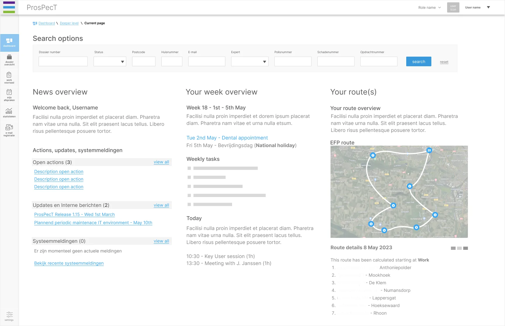 Uitgewerkt dashboardconcept met nieuwsoverzicht, weekoverzicht en route-overzicht met kaart