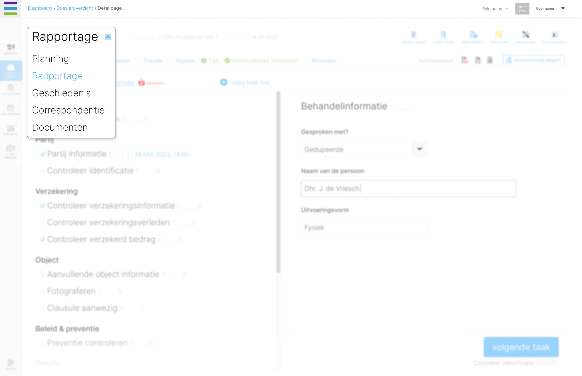 Navigatieconcept voor de rapportage binnen het dossierdetail, met uitklapmenu voor planning, rapportage, geschiedenis, correspondentie en documenten