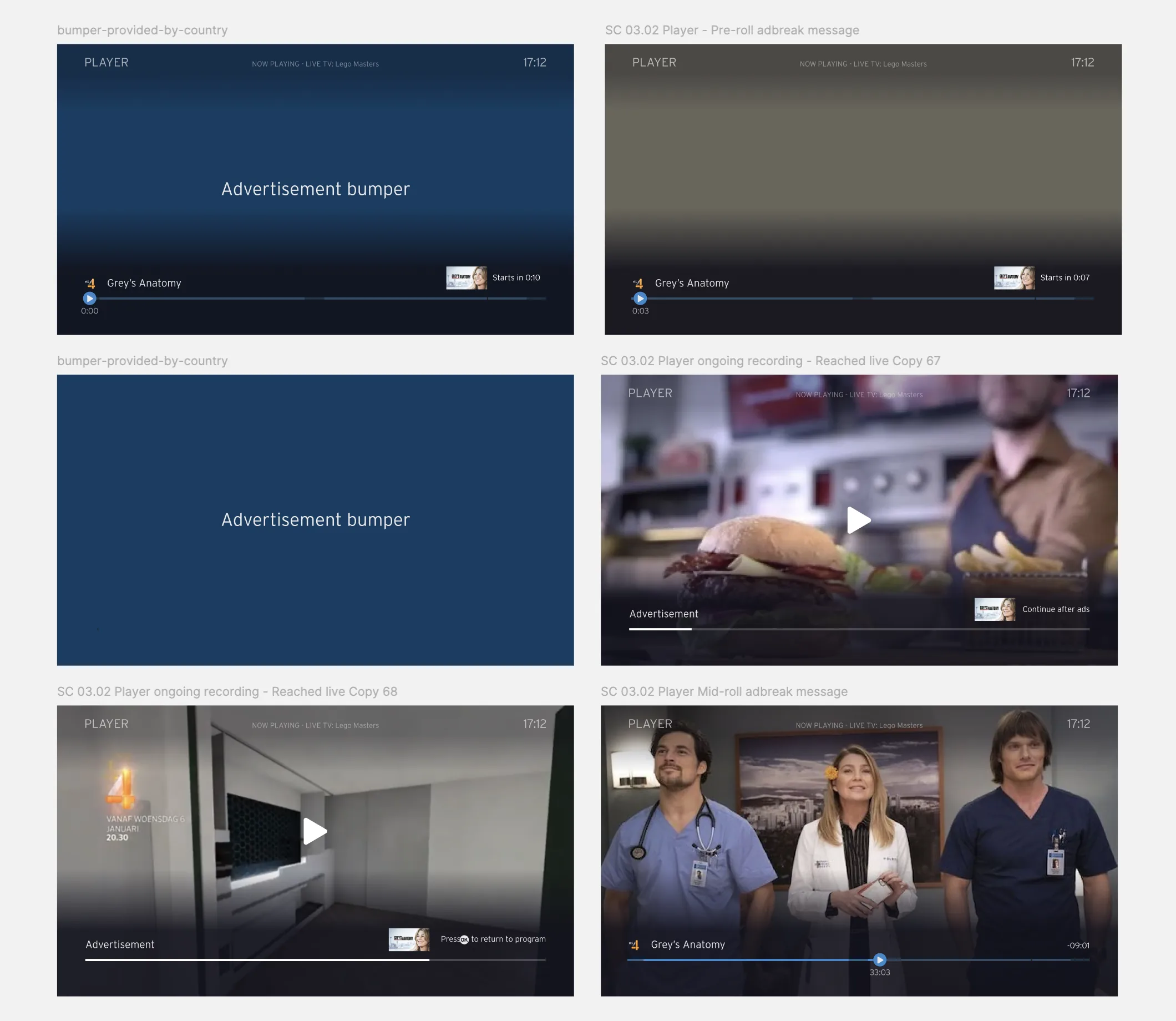 Overzicht van verschillende schermstatussen tijdens een reclameblok: bumper, pre-roll aankondiging, lopende opname en mid-roll bericht