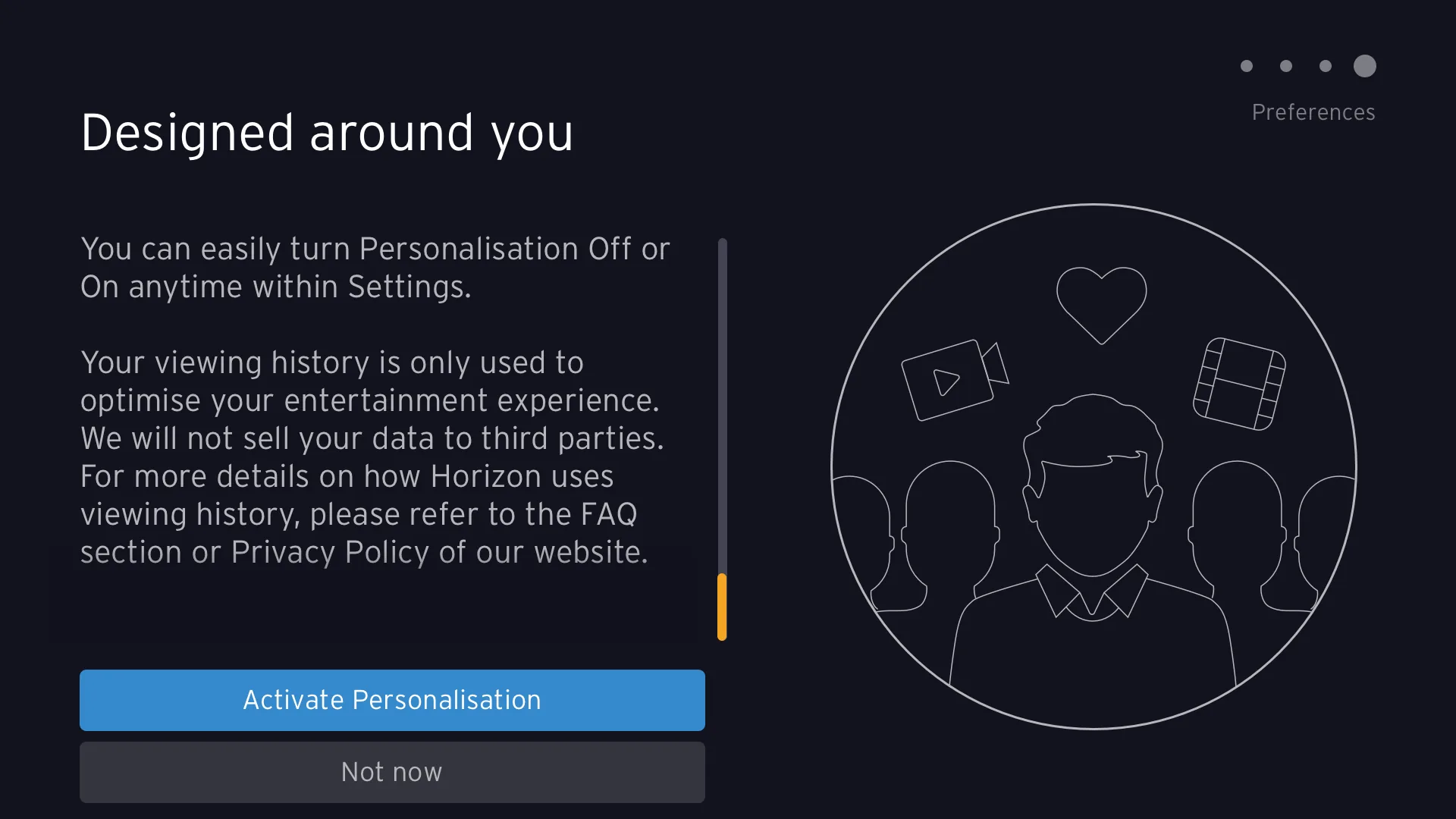 Onboardingscherm 'Designed around you' waarin de gebruiker personalisatie kan activeren, met uitleg over het gebruik van kijkgeschiedenis