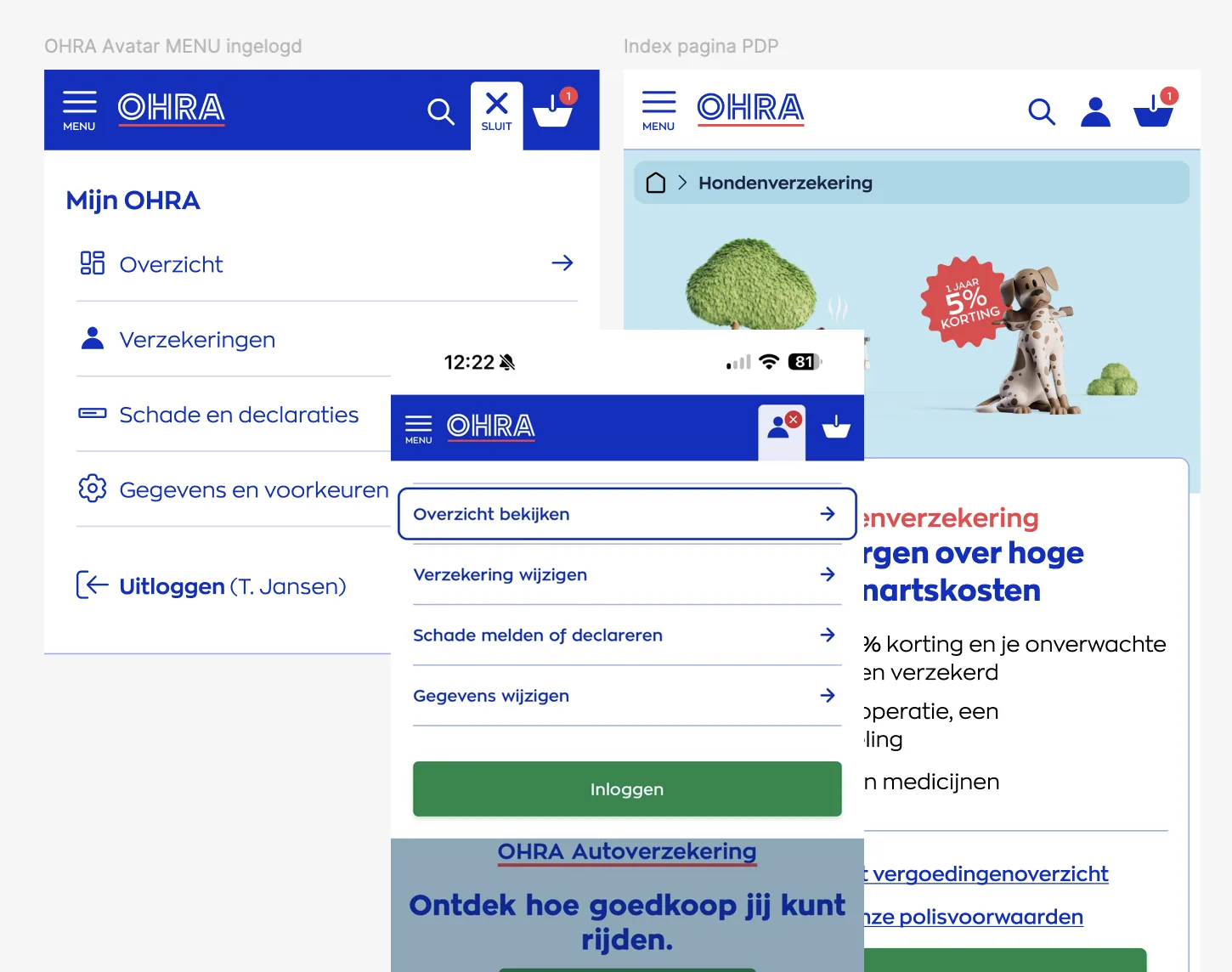 Uitklapmenu van het OHRA-avatar-icoon voor ingelogde gebruikers, naast de productdetailpagina van de hondenverzekering