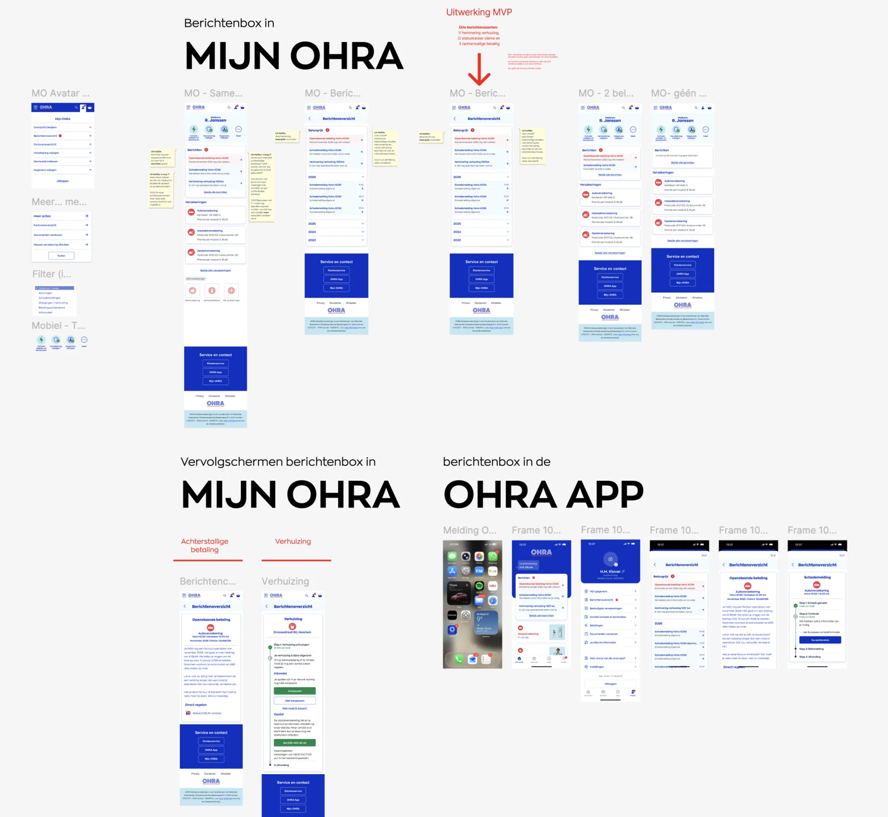 Verschillende schermvarianten van de berichtenbox in Mijn OHRA en de OHRA App, met belangrijke berichten over openstaande betalingen, schademeldingen en verzekeringen