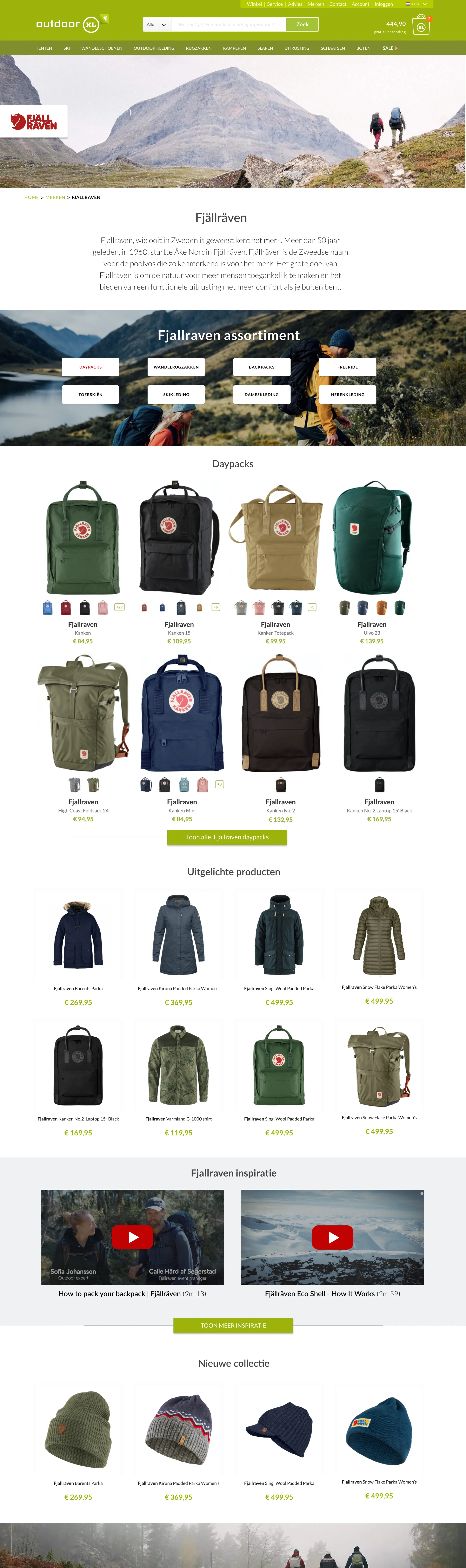 Merkpagina van Fjällräven met assortimentnavigatie, daypacks, uitgelichte producten en inspiratievideo's