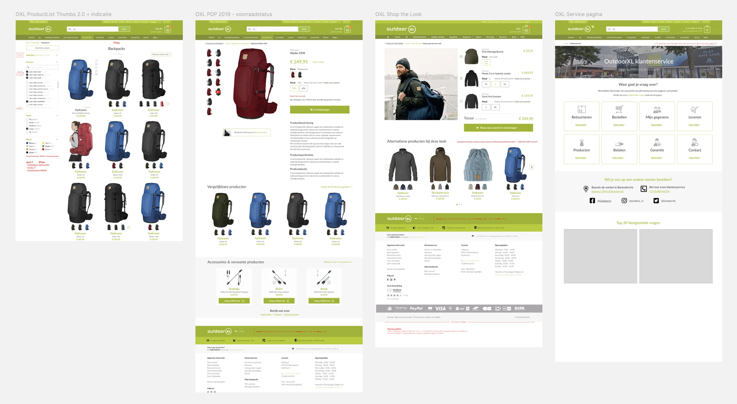 Vier schermen naast elkaar: productlijst met thumbnails, productdetailpagina met voorraadstatus, Shop the Look en de servicepagina