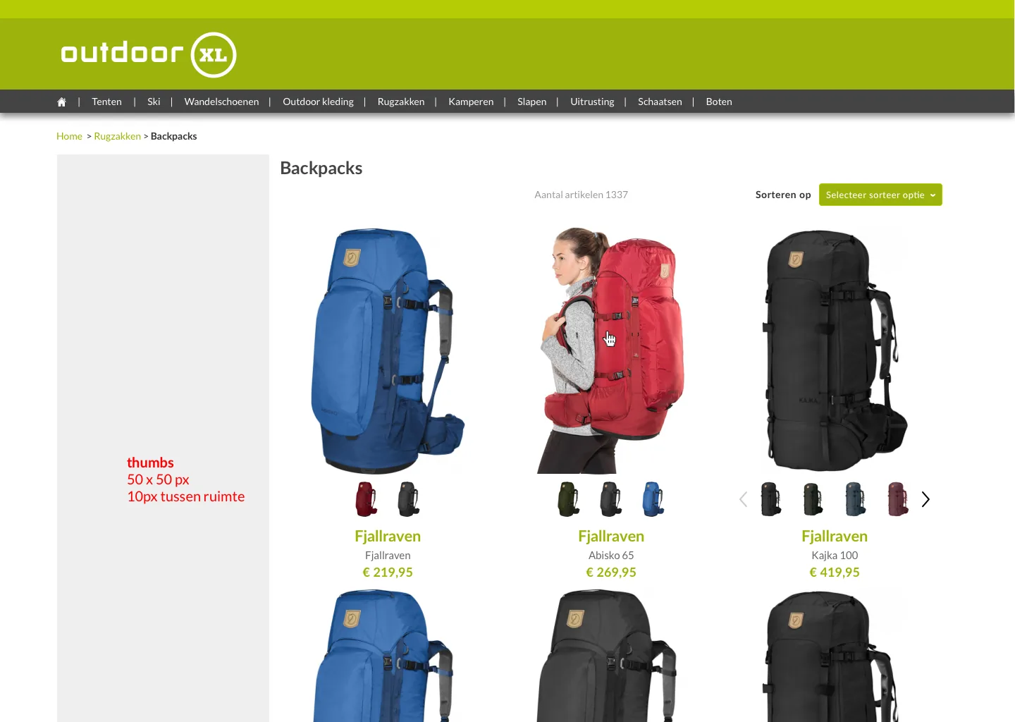 Productlijstpagina met annotatie over de afmeting en tussenruimte van kleur-thumbnails