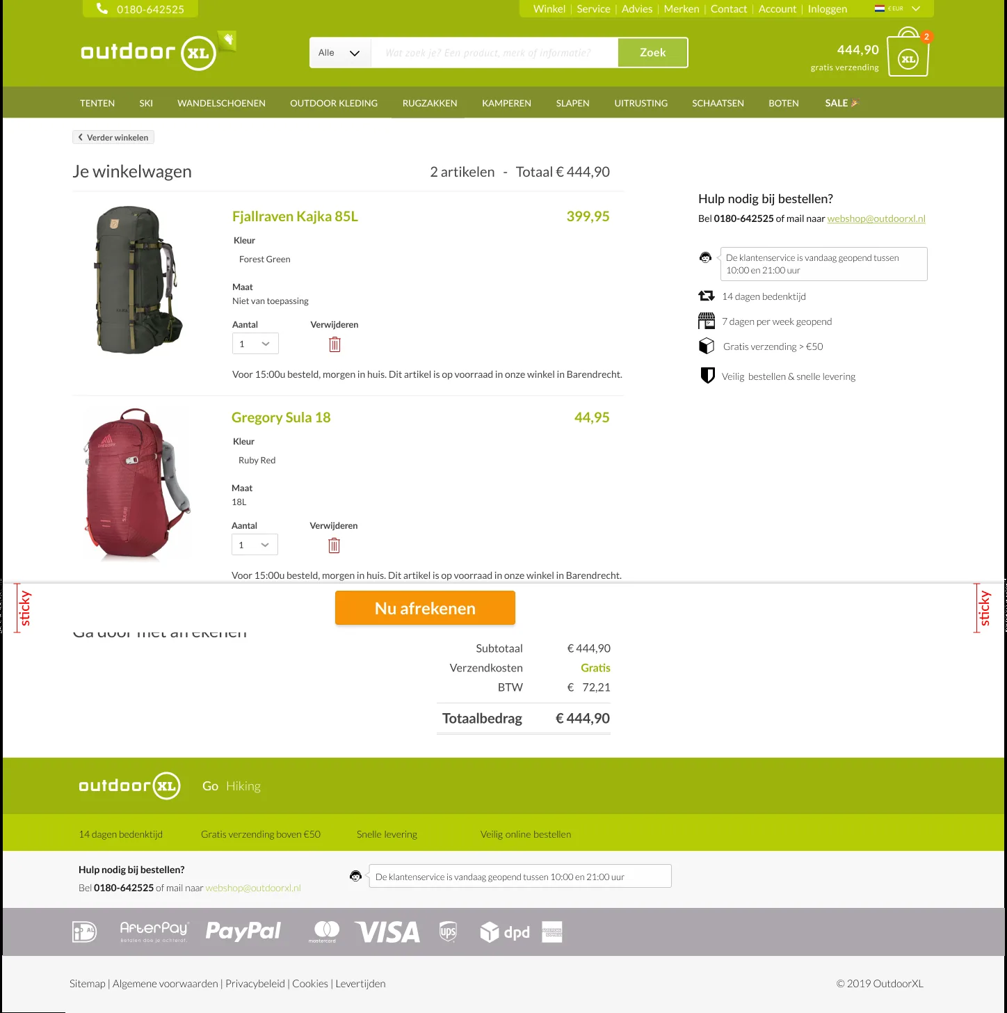 Winkelwagenpagina met productoverzicht, hulp bij bestellen en ordersamenvatting