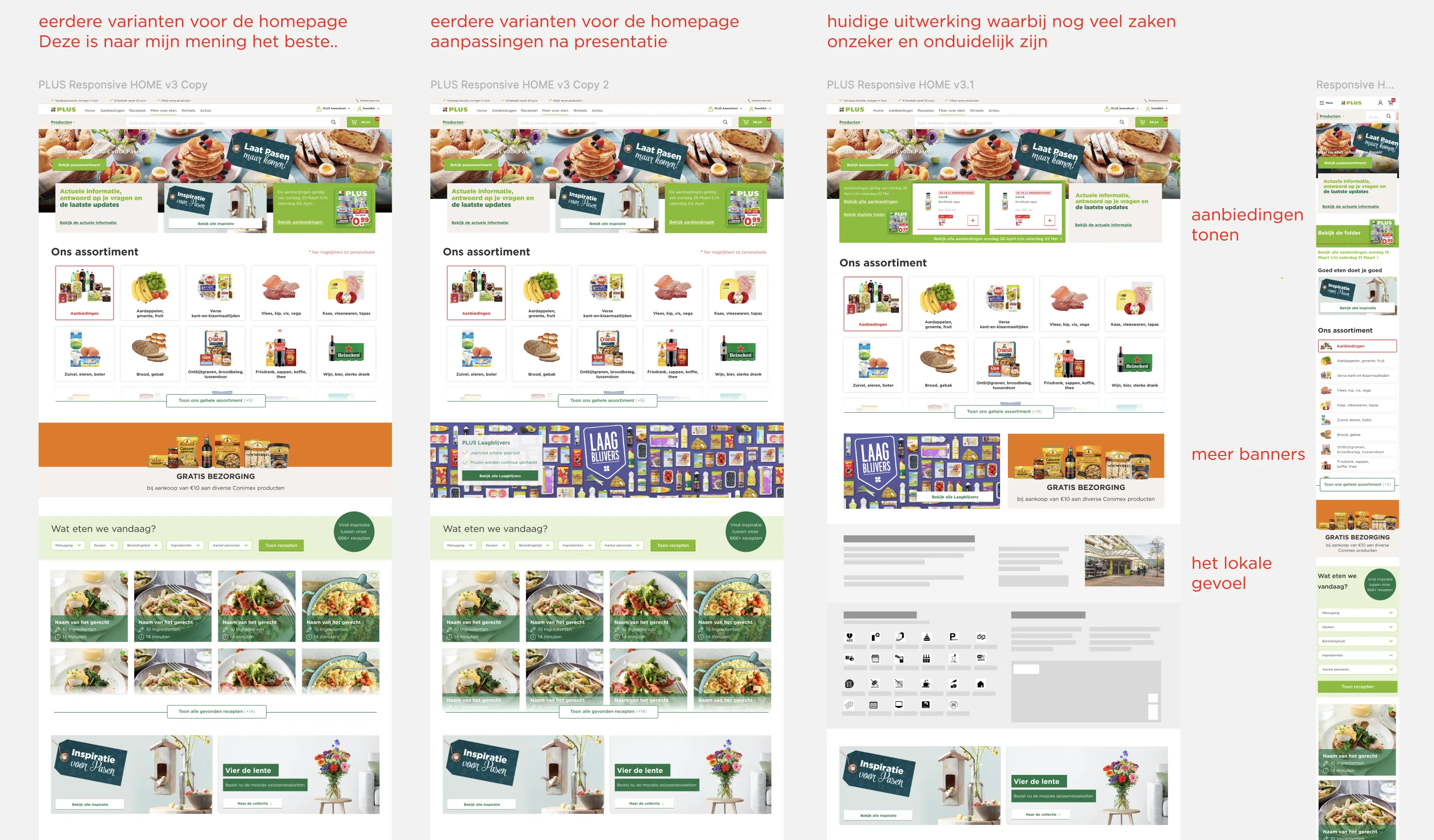 Drie eerdere ontwerpvarianten van de PLUS-homepage naast de uiteindelijke uitwerking, met aantekeningen over aanbiedingen, banners en het lokale gevoel