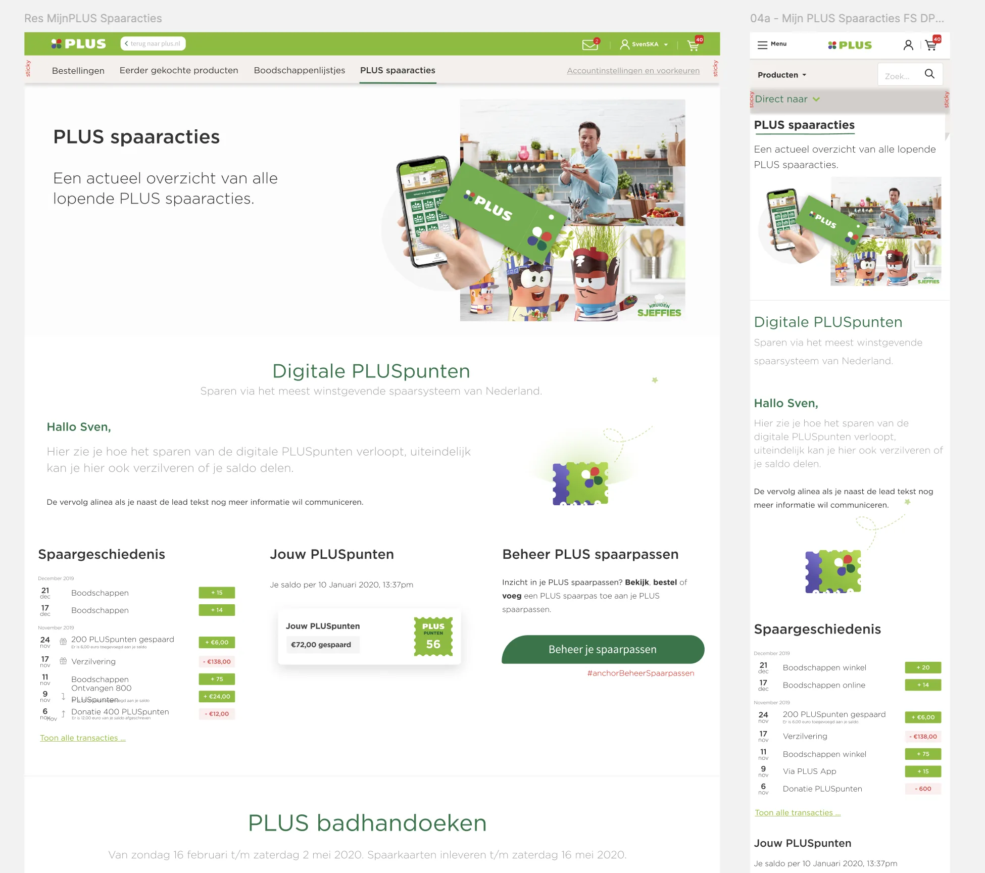 Desktop- en mobiele uitwerking van de MijnPLUS-pagina voor spaaracties en PLUSpunten