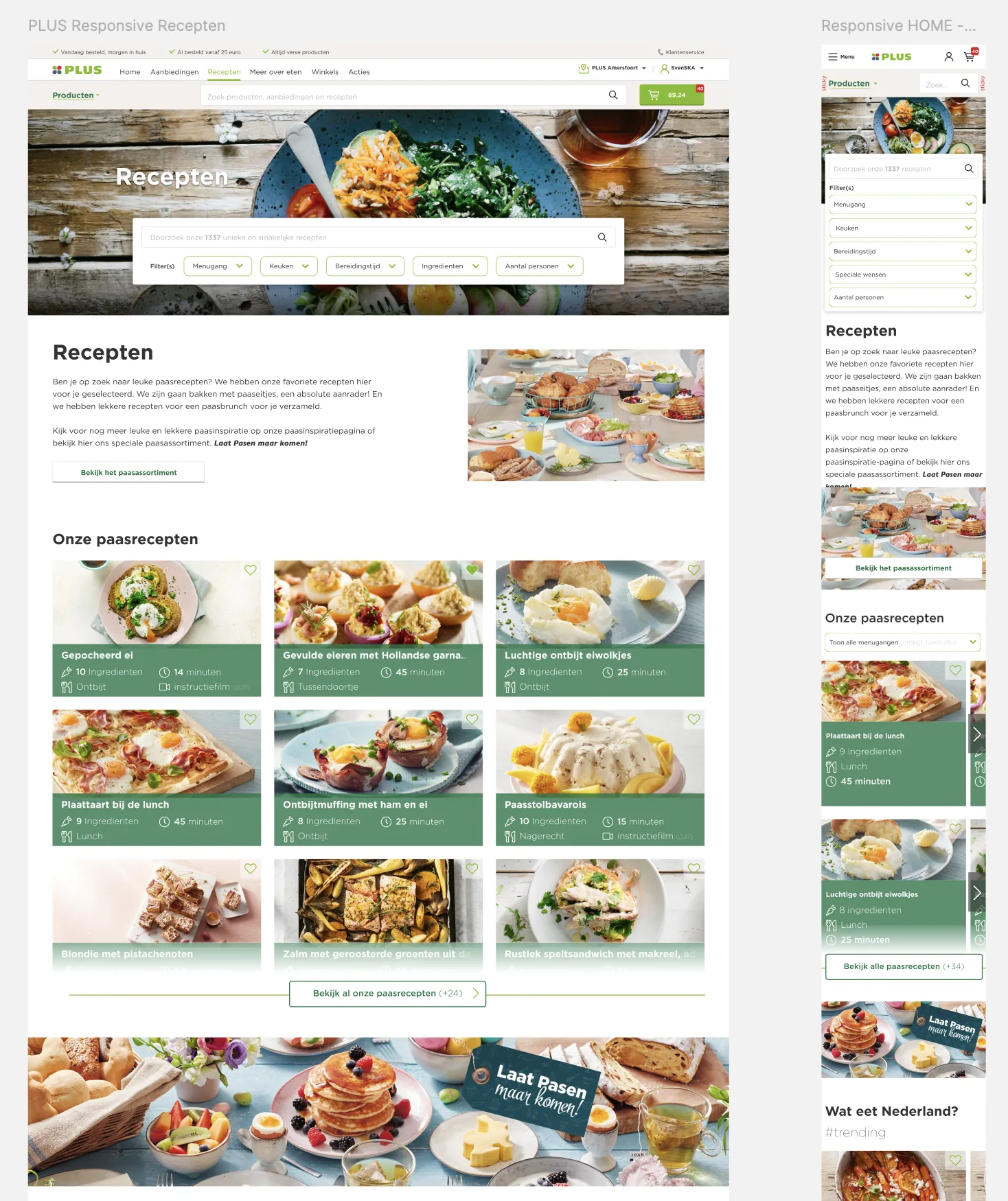 Responsive uitwerking van de receptenpagina op desktop en mobiel, met zoekbalk, filters en receptenoverzicht
