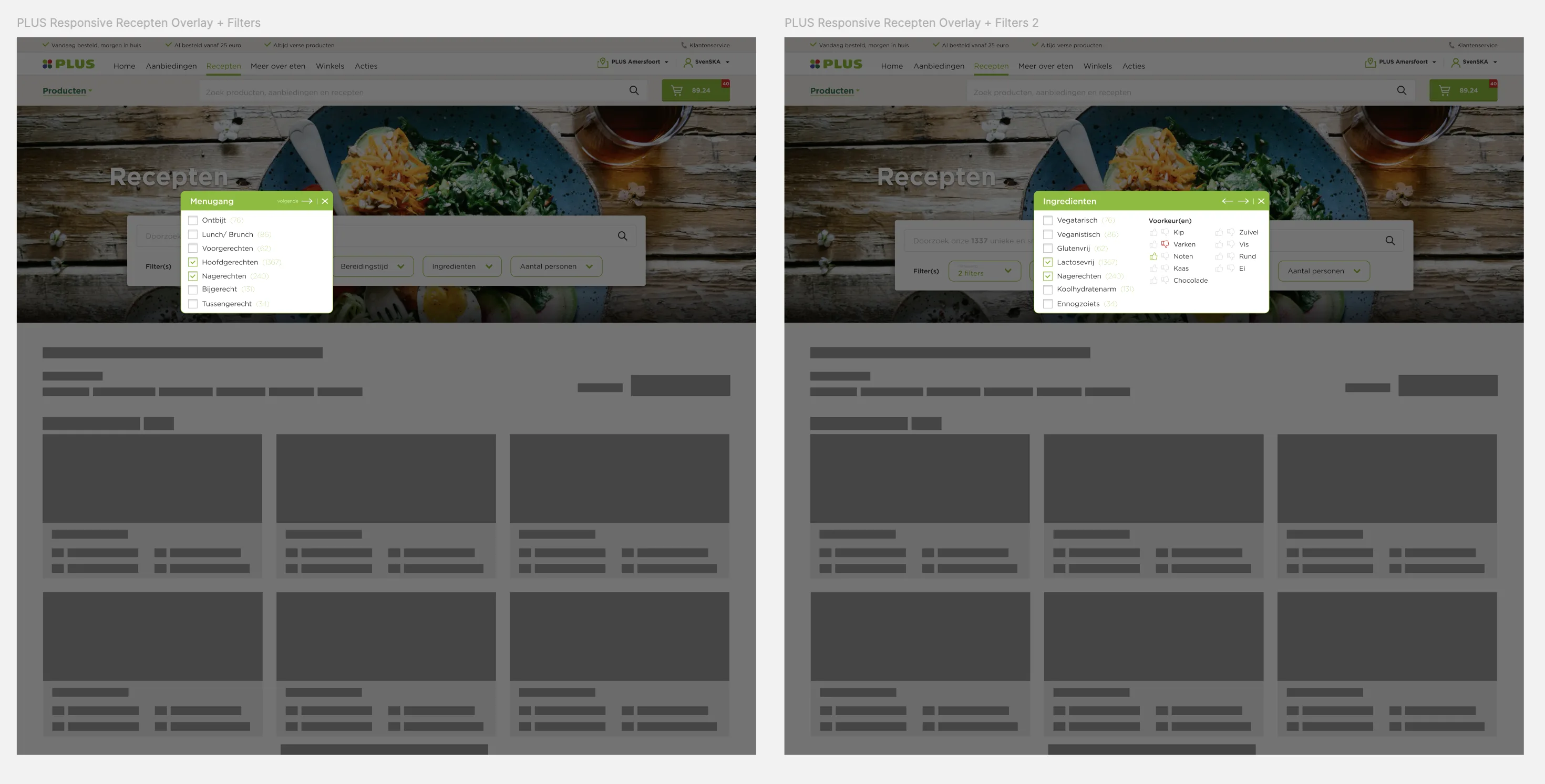 Twee uitgeklapte filteroverlays op de receptenpagina: menugang en ingrediënten, met aanvinkbare opties