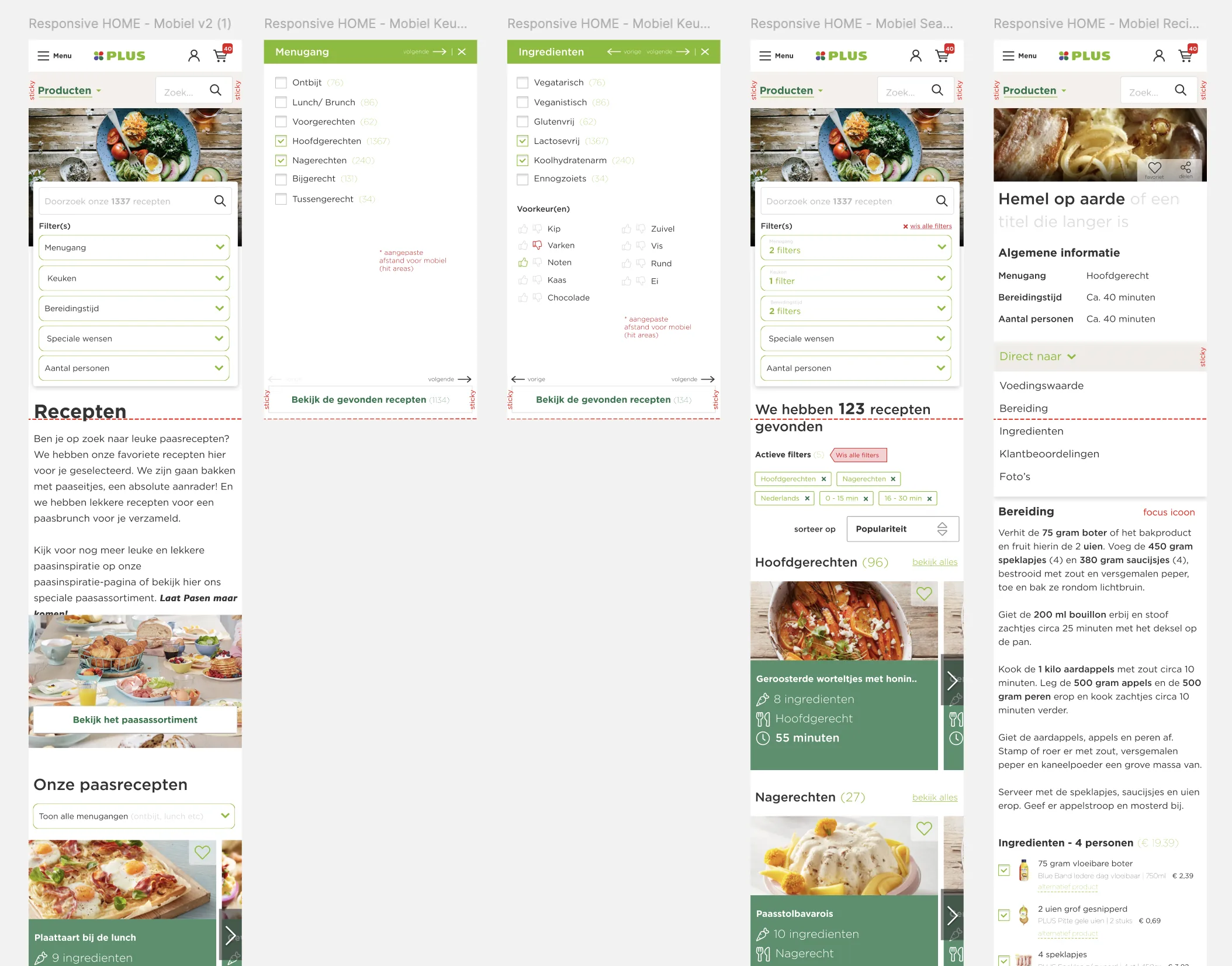 Vijf schermen van de mobiele flow: homepage, filters voor menugang en ingrediënten, zoekresultaten en receptdetail