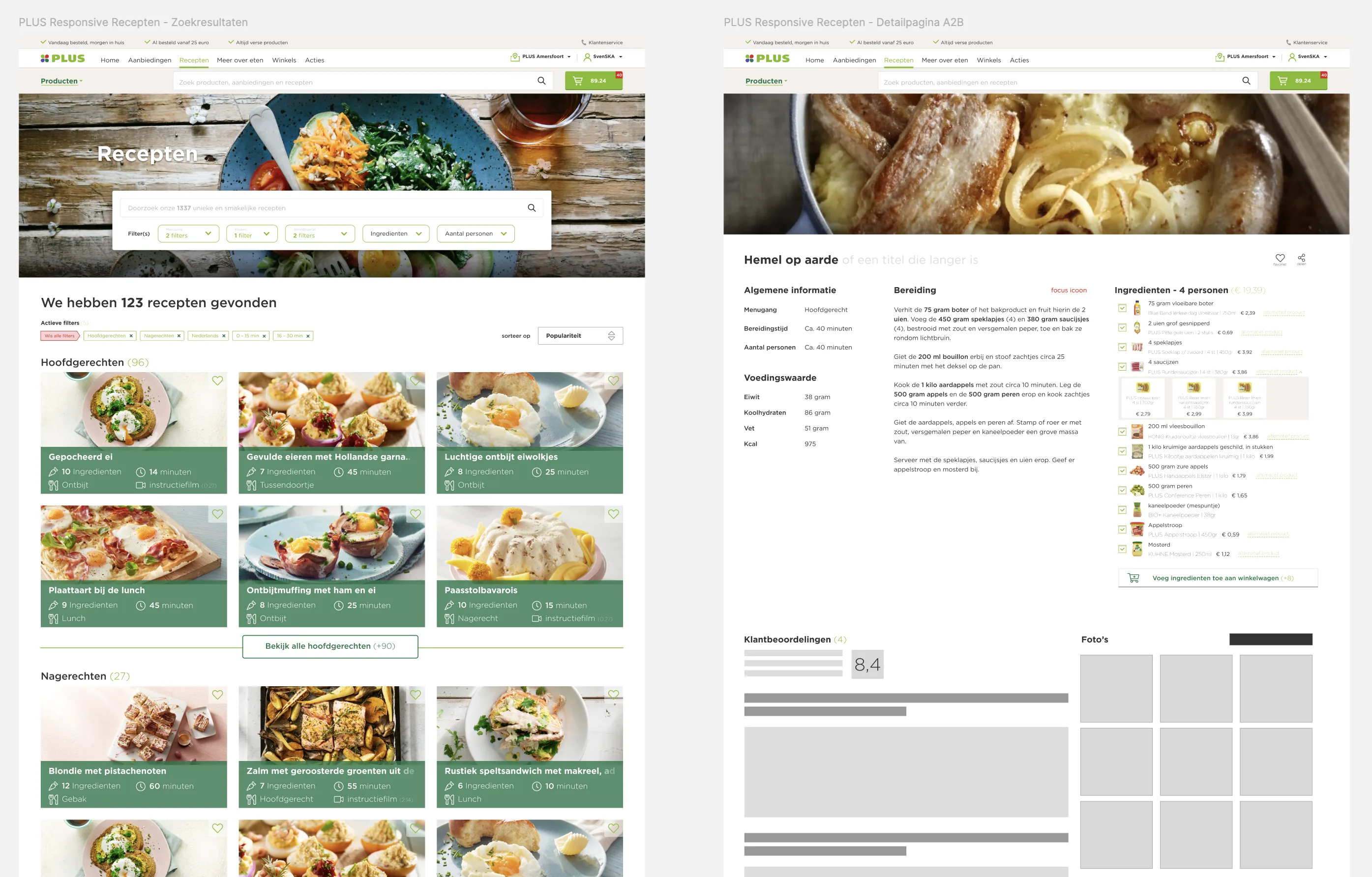 Zoekresultatenpagina met actieve filters naast de uitgewerkte receptdetailpagina met ingrediënten en bereidingswijze
